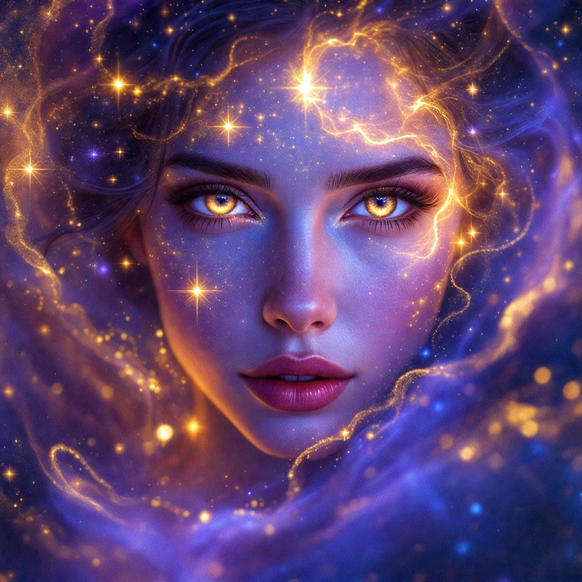 The primary subject of the image is a woman with glowing eyes, who appears to be a fantasy or mythical creature. She is surrounded by a blue and gold background, which adds to the overall atmosphere of the image. The visual style of the image is digital art, as it is a detailed and intricate illustration of the woman. The colors and mood of the image are vibrant and lively, with the woman's glowing eyes and the blue and gold background creating a sense of magic and wonder.